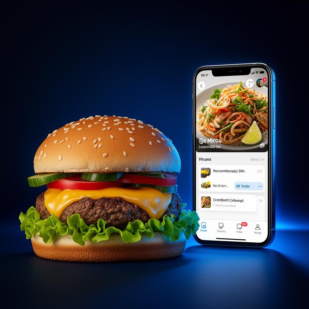 Hambúrguer premium ao lado de celular com pedidos de delivery